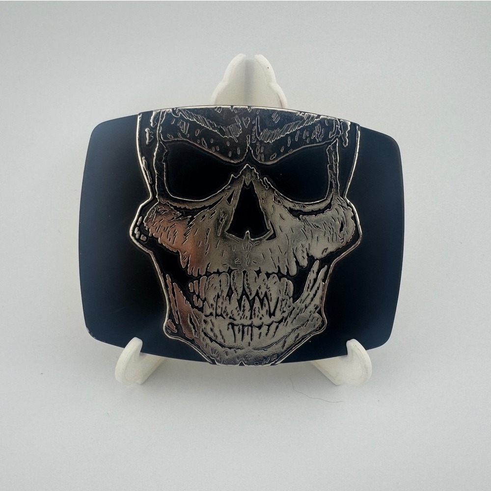 Chrome 6121 Skull Belt Buckle Black Silver Gothic Biker Rectangular Metal Buckle